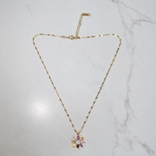 Load image into Gallery viewer, Multicolor Flower Necklace, Gold Stainless Steel, Rainbow CZ Floral Pendant, 18 Inch Adjustable Jewelry Gift for Her
