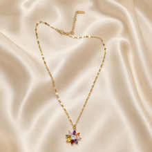 Load image into Gallery viewer, Multicolor Flower Necklace, Gold Stainless Steel, Rainbow CZ Floral Pendant, 18 Inch Adjustable Jewelry Gift for Her
