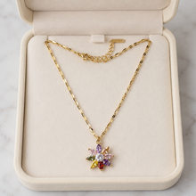 Load image into Gallery viewer, Multicolor Flower Necklace, Gold Stainless Steel, Rainbow CZ Floral Pendant, 18 Inch Adjustable Jewelry Gift for Her
