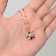 Load image into Gallery viewer, Multicolor Flower Necklace, Gold Stainless Steel, Rainbow CZ Floral Pendant, 18 Inch Adjustable Jewelry Gift for Her
