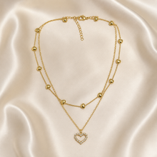 Load image into Gallery viewer, Layered Heart Necklace, Gold Stainless Steel, Crystal Open Heart Pendant, Double Chain, 18 Inch Adjustable Gift for Her
