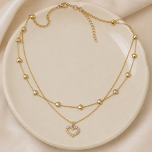 Load image into Gallery viewer, Layered Heart Necklace, Gold Stainless Steel, Crystal Open Heart Pendant, Double Chain, 18 Inch Adjustable Gift for Her

