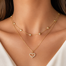 Load image into Gallery viewer, Layered Heart Necklace, Gold Stainless Steel, Crystal Open Heart Pendant, Double Chain, 18 Inch Adjustable Gift for Her
