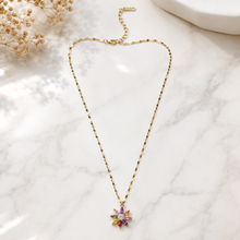 Load image into Gallery viewer, Multicolor Flower Necklace, Gold Stainless Steel, Rainbow CZ Floral Pendant, 18 Inch Adjustable Jewelry Gift for Her
