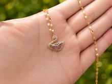 Load image into Gallery viewer, Gold Swan Necklace, Pink White Moissanite Pendant, Dainty Adjustable 18-Inch Jewelry, Tarnish Resistant Gift
