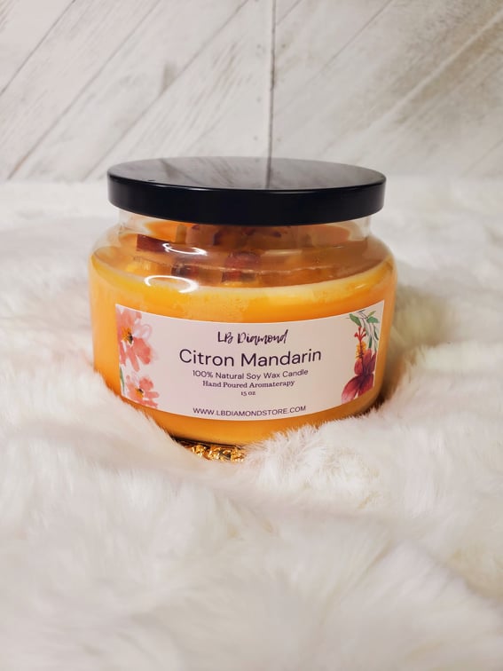 Citron Mandarin Natural Soy Wax Candle Highly Scented with Carnelian Crystals