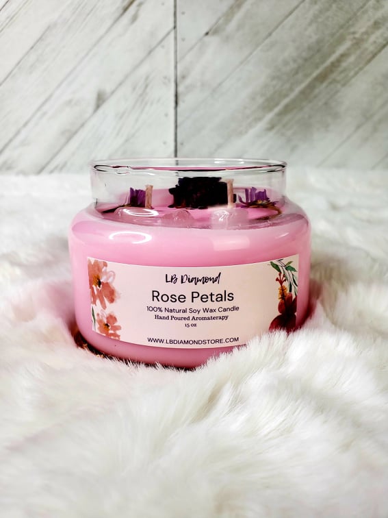 Rose Petals Natural Soy Wax Candle Highly Scented with Rose Quartz Crystals