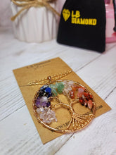 Load image into Gallery viewer, 7 Chakras Healing Crystal Necklace Gold tone Gemstone Chip Tree of Life

