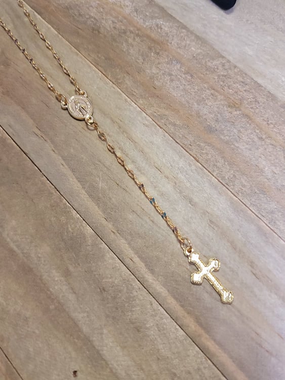 White Yellow Black Diamond Cross Rosary 1.65ct 10K Gold 000102