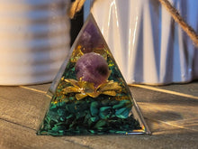 Load image into Gallery viewer, Orgone Pyramid, Amethyst  &amp; Malachite Orgonite
