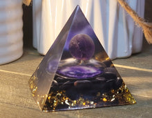 Load image into Gallery viewer, Orgone Pyramid, Amethyst &amp; Black Obsidean  Orgonite
