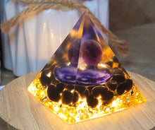 Load image into Gallery viewer, Orgone Pyramid, Amethyst &amp; Black Obsidean  Orgonite
