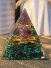 Load image into Gallery viewer, Orgone Pyramid, Amethyst  &amp; Malachite Orgonite
