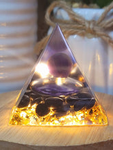 Load image into Gallery viewer, Orgone Pyramid, Amethyst &amp; Black Obsidean  Orgonite
