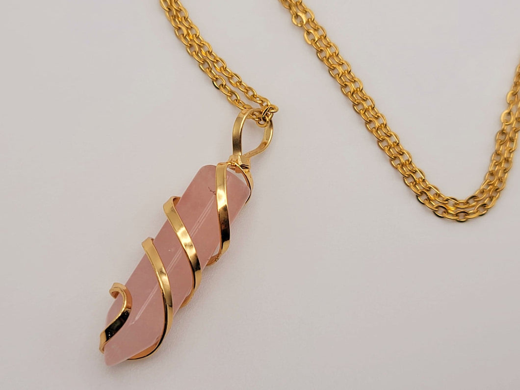 Rose Quartz Handmade Point Wire Wrapped Golden Necklace Hexagon Chain