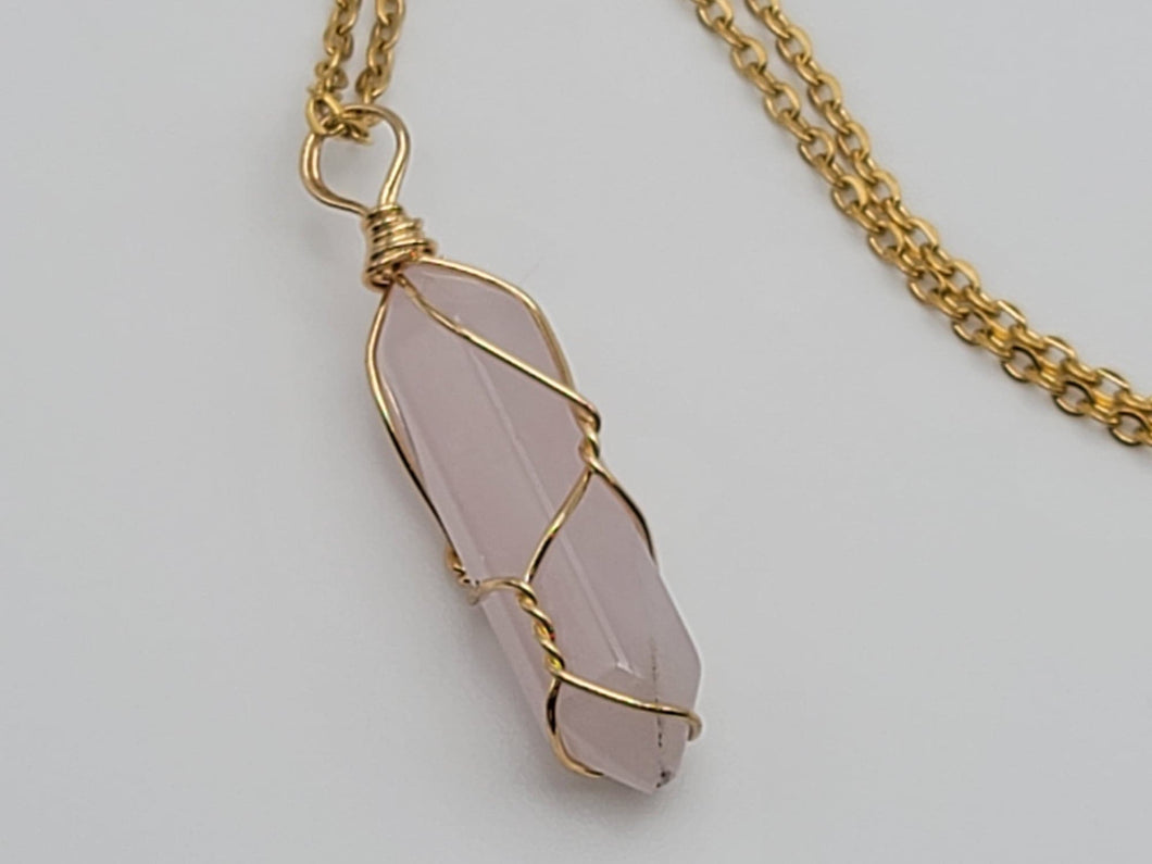 Gold Wire Wrapped Rose Quartz Healing Crystal Point Necklace