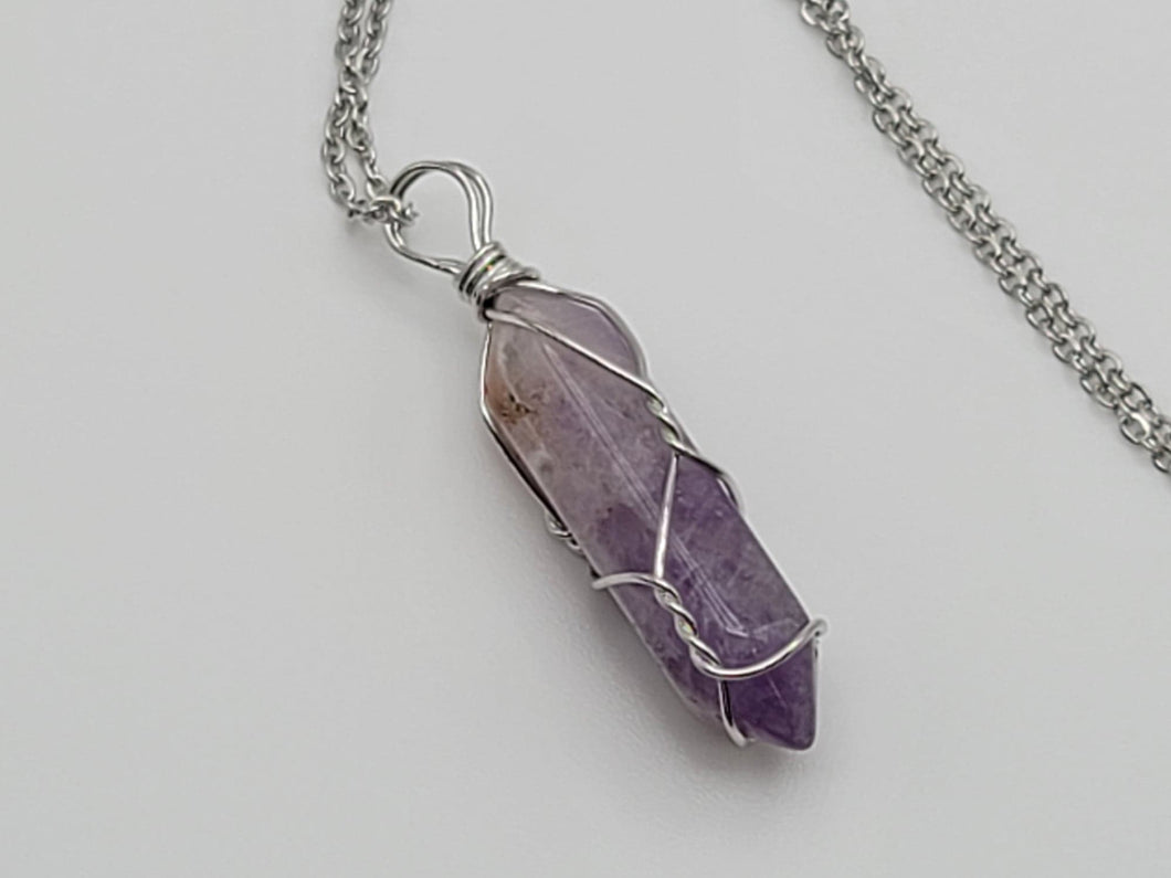 Silver Wire Wrapped Amethyst  Point Necklace Genuine Handmade