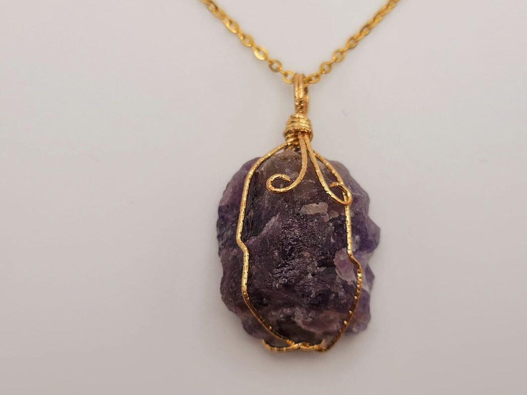 Raw Crystal Necklace, Amethyst Raw stone Necklace Gold Wired Handmade