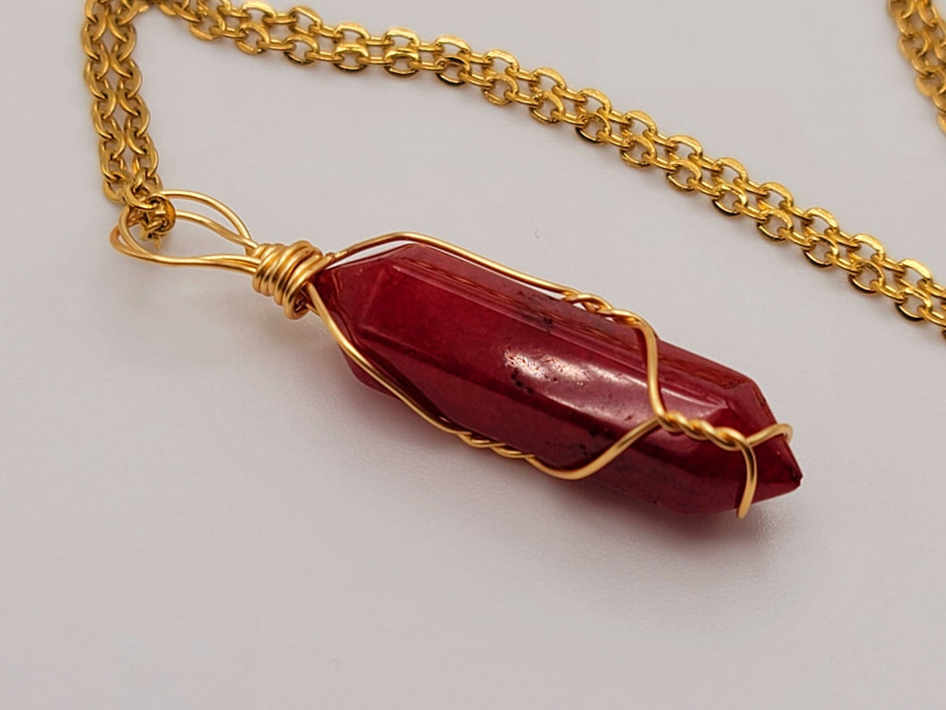 Red Jade Wire wrapped  Crystal Necklace Red Quartz