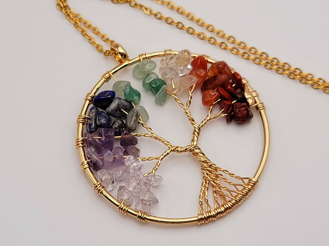 7 Chakras Healing Crystal Necklace Gold tone Gemstone Chip Tree of Life