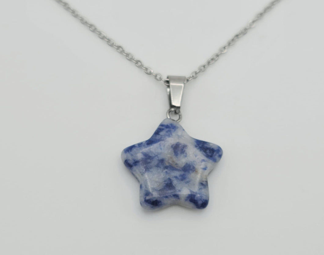 Natural Blue Soladite Handmade Star Necklace Hexagon Chain Silver Pendant Necklace