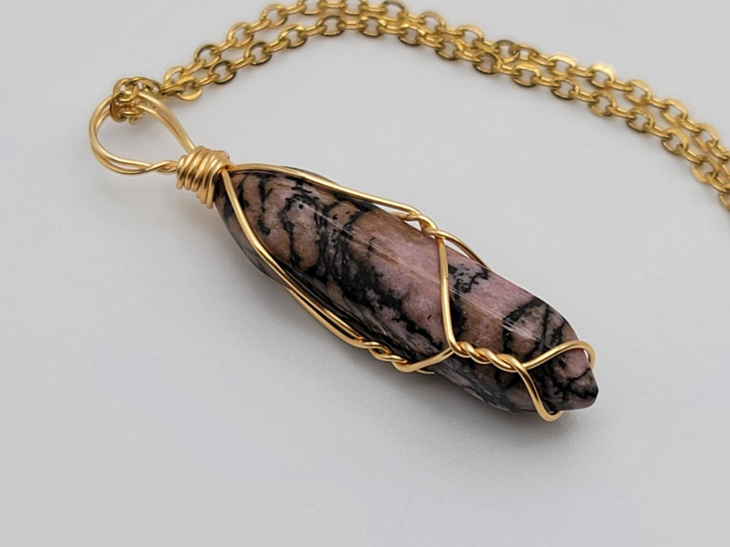 Natural Rhodonite Handmade Point Necklace  Gold Tone