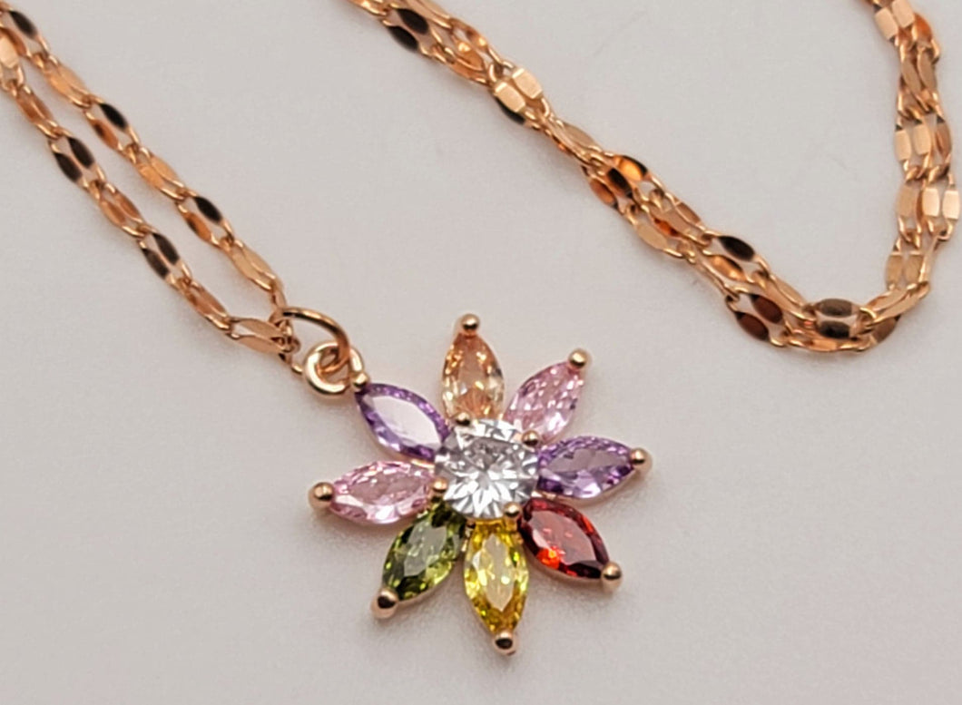 Dainty Charm: 18 Inch Gold Tone Necklace with Cute Colorful Flower Pendant