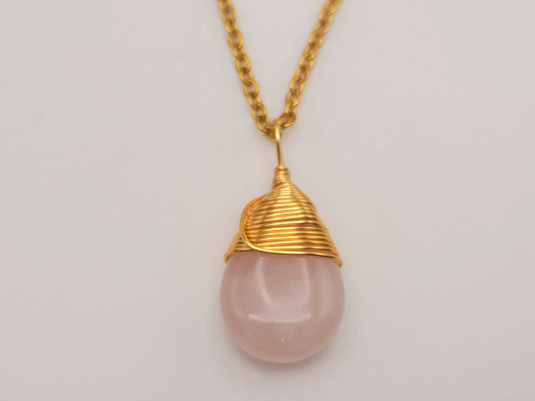 Gold Wire Wrapped Rose Quartz Healing Crystal  Necklace