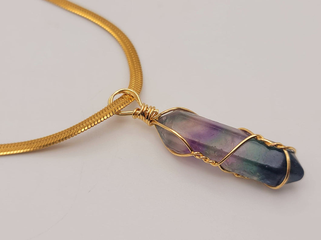 Crystal Necklace Gold Wire Wrapped Fluorite Crystal Point Choker Necklace