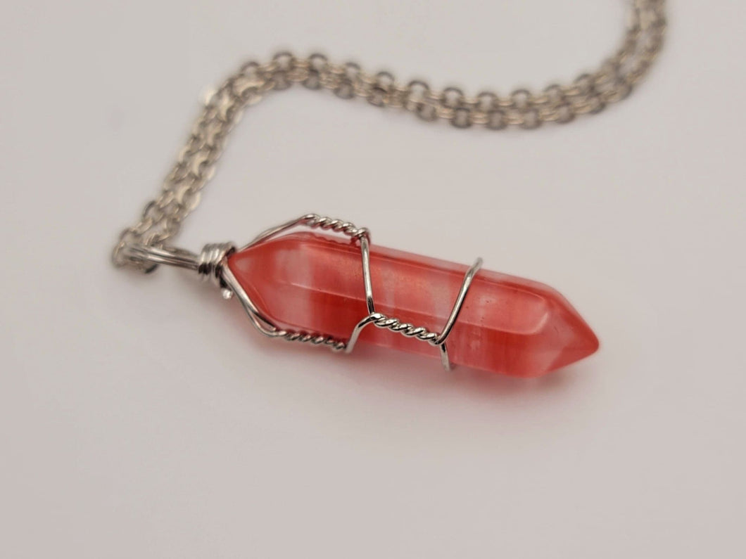 Crystal Point Necklace Silver Tone Strawberry Quartz Pendant Necklace