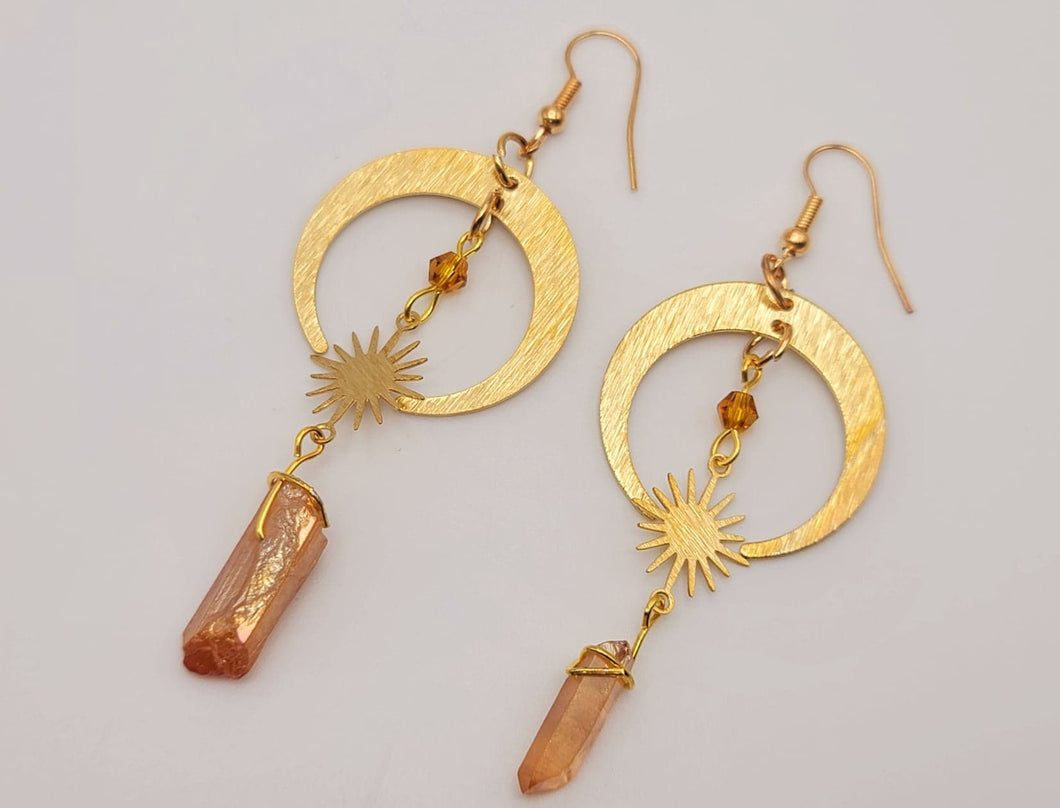 Orange Celestial Aura Quartz Earrings Handmade, Cute earrings Irregular crescent