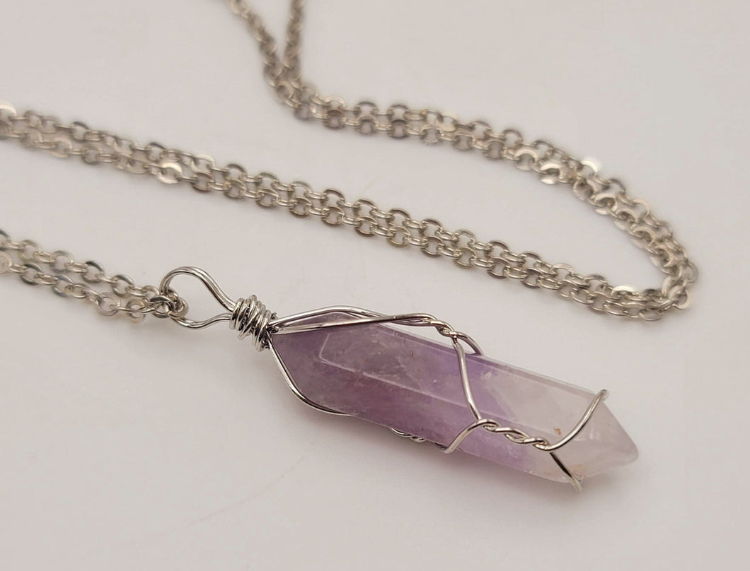 Silver tone Amethyst Wire wrapped Crystal Necklace