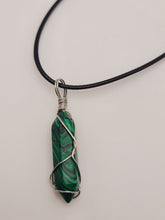 Load image into Gallery viewer, Malachite Handmade Point Necklace Hexagon Chain Silver wire wrapped Leather Chain
