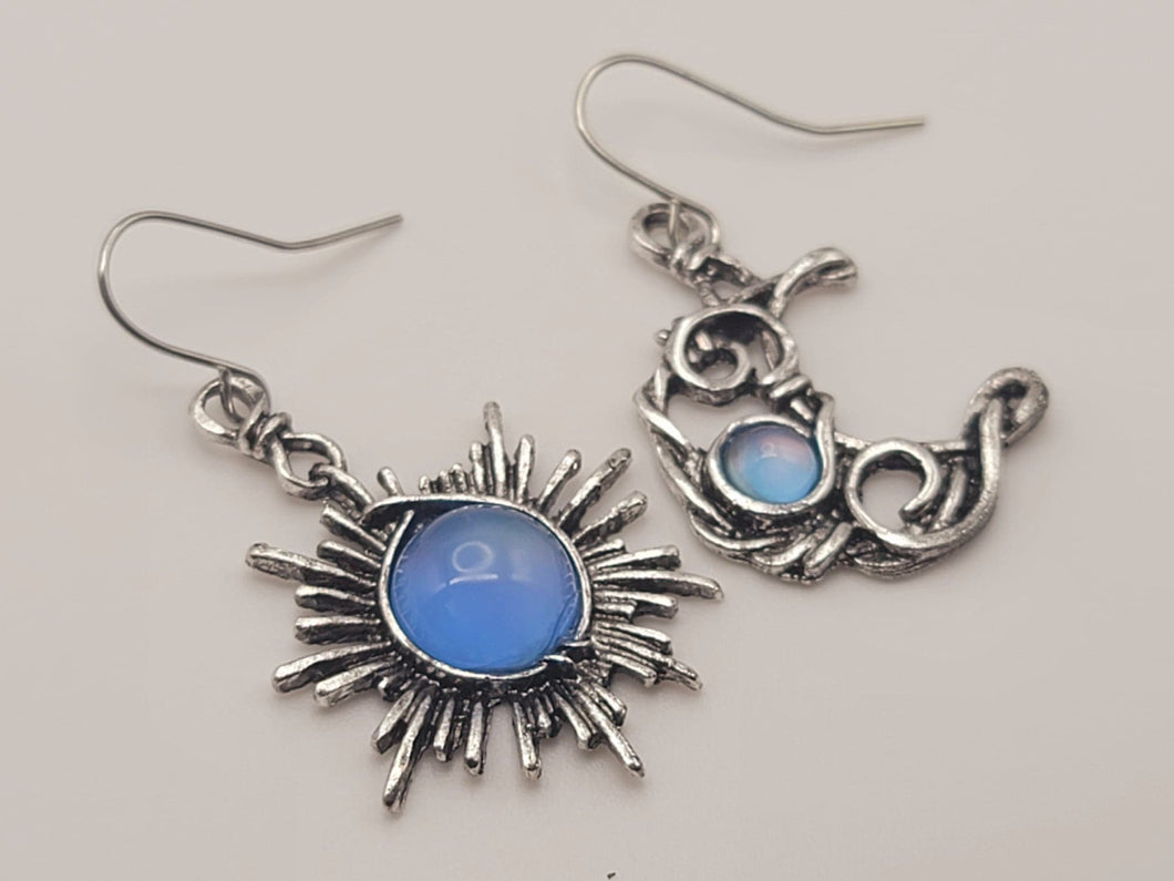 Handmade Blue Chalcedony Natural Drop Earrings , Moon & Sun