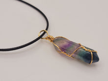 Load image into Gallery viewer, Natural Crystal Gold Wire Wrapped Rainbow Fluorite Necklace Handmade
