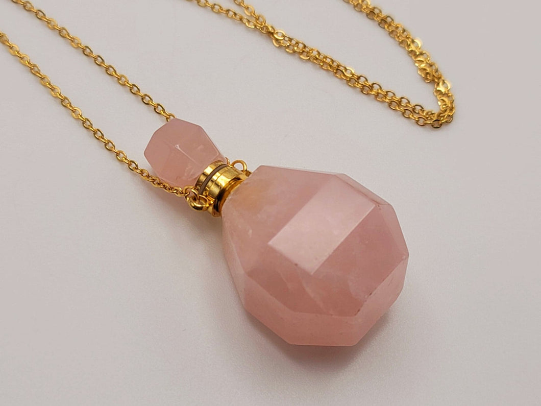 Perfume Bottle Crystal Rose Quartz Necklace Handmade, Genuine Stone