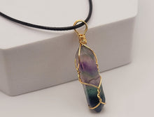 Load image into Gallery viewer, Natural Crystal Gold Wire Wrapped Rainbow Fluorite Necklace Handmade
