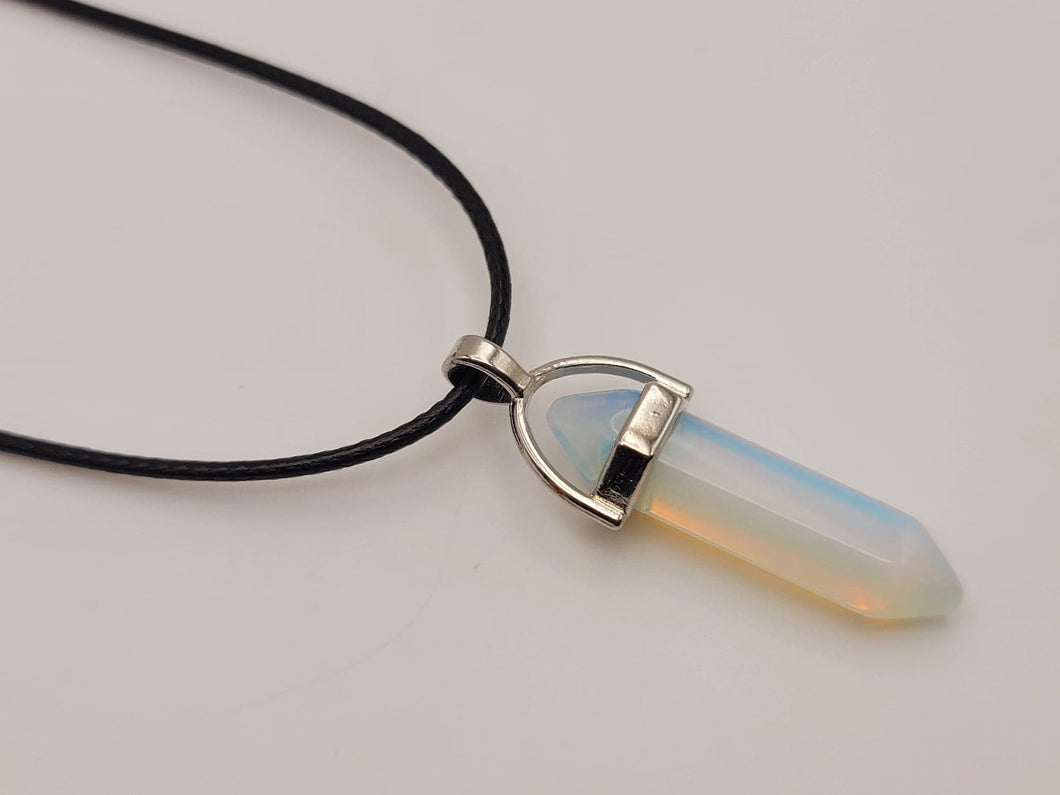 Crystal Necklace Silver Wire Opal Healing Crystal Point Leather Necklace