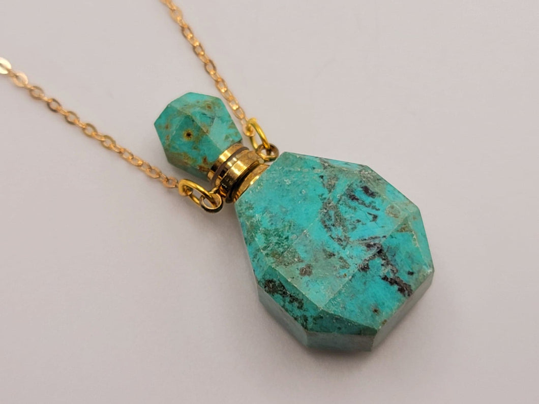 Natural Crystal perfume Bottle Necklace Amazonite Gold Tone