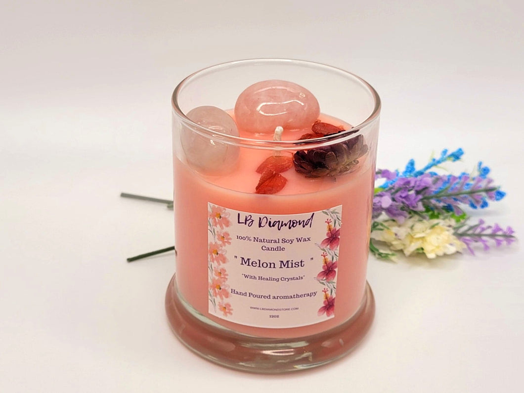 Melon Mist Natural Soy Wax Candle Highly Scented with Rose Quartz Crystals