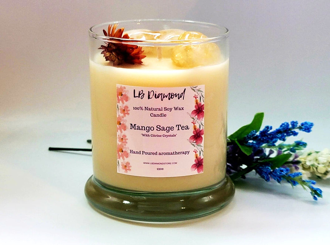 Mango Sage Tea   Natural Soy Wax Candle Highly Scented with Citrine  Crystals