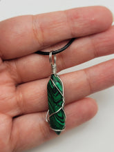 Load image into Gallery viewer, Malachite Handmade Point Necklace Hexagon Chain Silver wire wrapped Leather Chain
