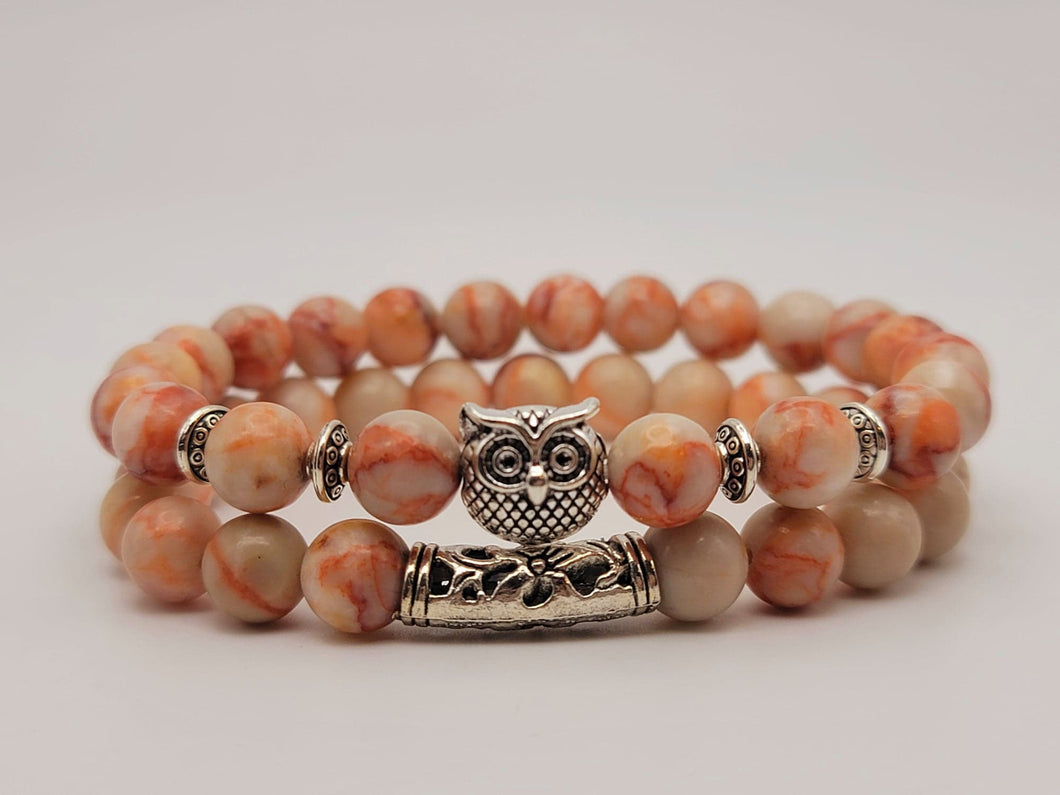 Radiant Peach Aventurine Owl Bracelet Set 8mm Stretch Beads, 2-Piece Pairing Set