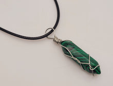 Load image into Gallery viewer, Malachite Handmade Point Necklace Hexagon Chain Silver wire wrapped Leather Chain
