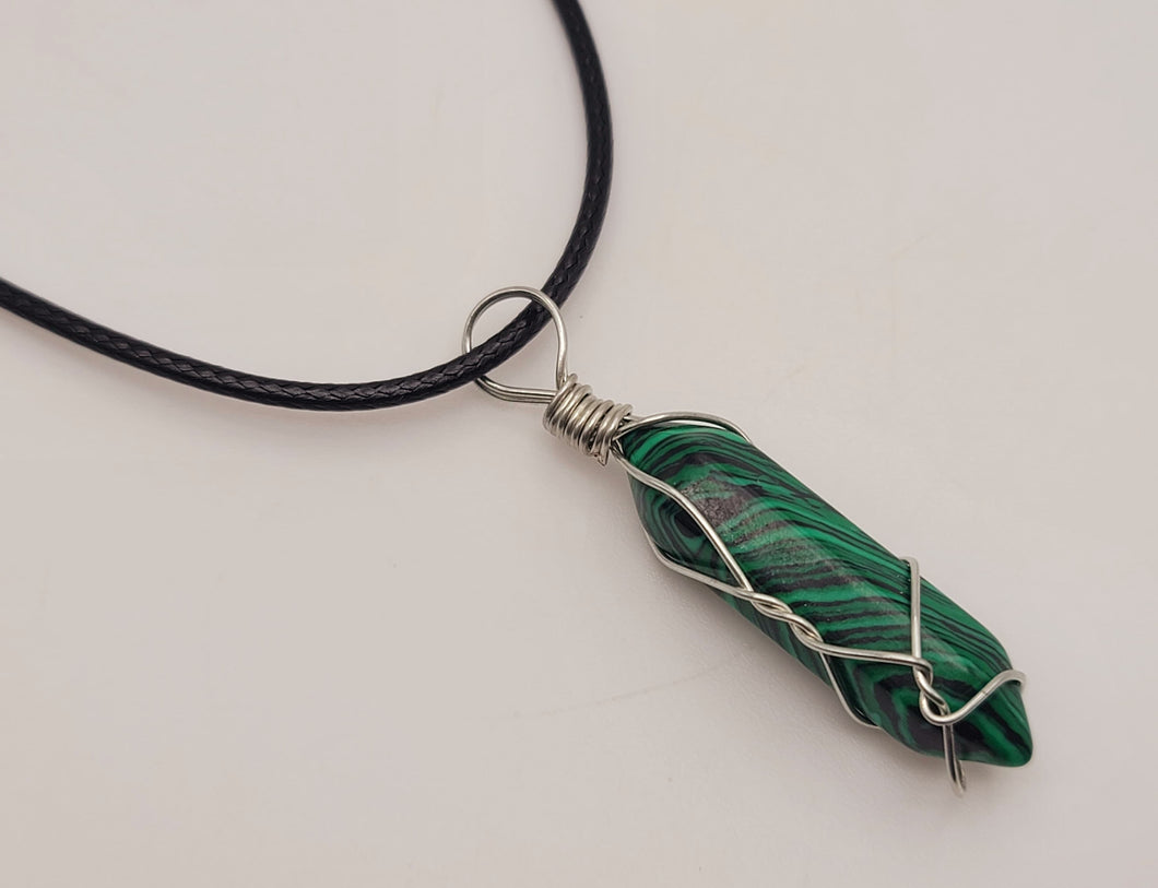 Malachite Handmade Point Necklace Hexagon Chain Silver wire wrapped Leather Chain