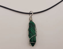 Load image into Gallery viewer, Malachite Handmade Point Necklace Hexagon Chain Silver wire wrapped Leather Chain
