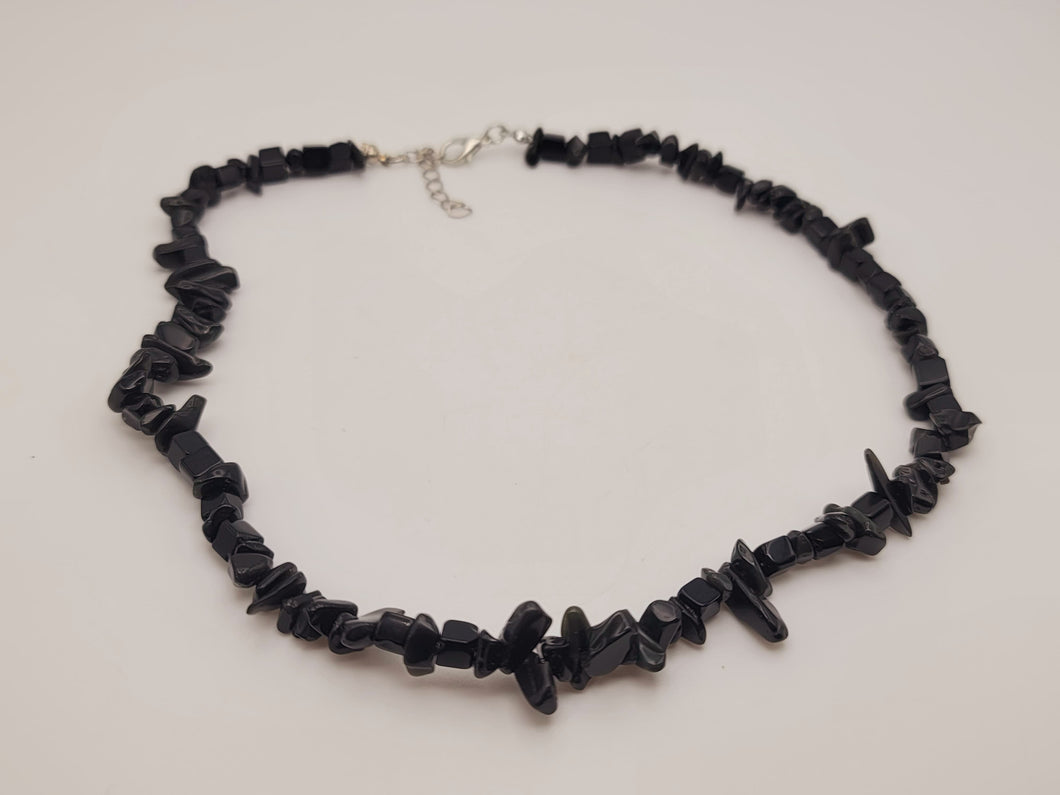 Black Obsidian Chip Choker Necklace Silver tone Gorgeous Choker