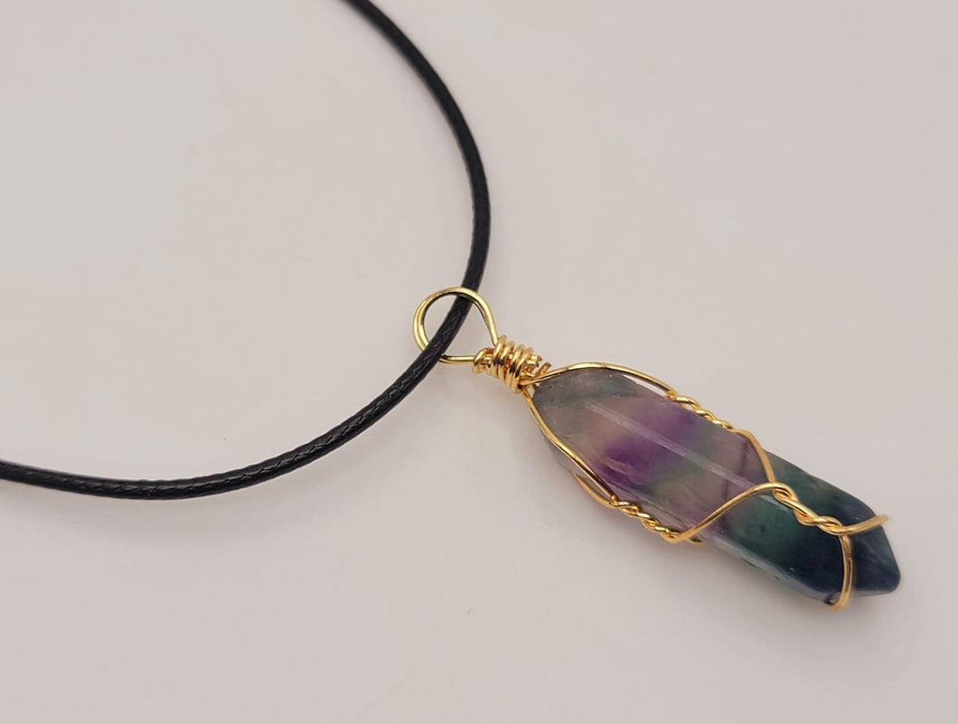 Natural Crystal Gold Wire Wrapped Rainbow Fluorite Necklace Handmade