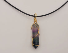 Load image into Gallery viewer, Natural Crystal Gold Wire Wrapped Rainbow Fluorite Necklace Handmade
