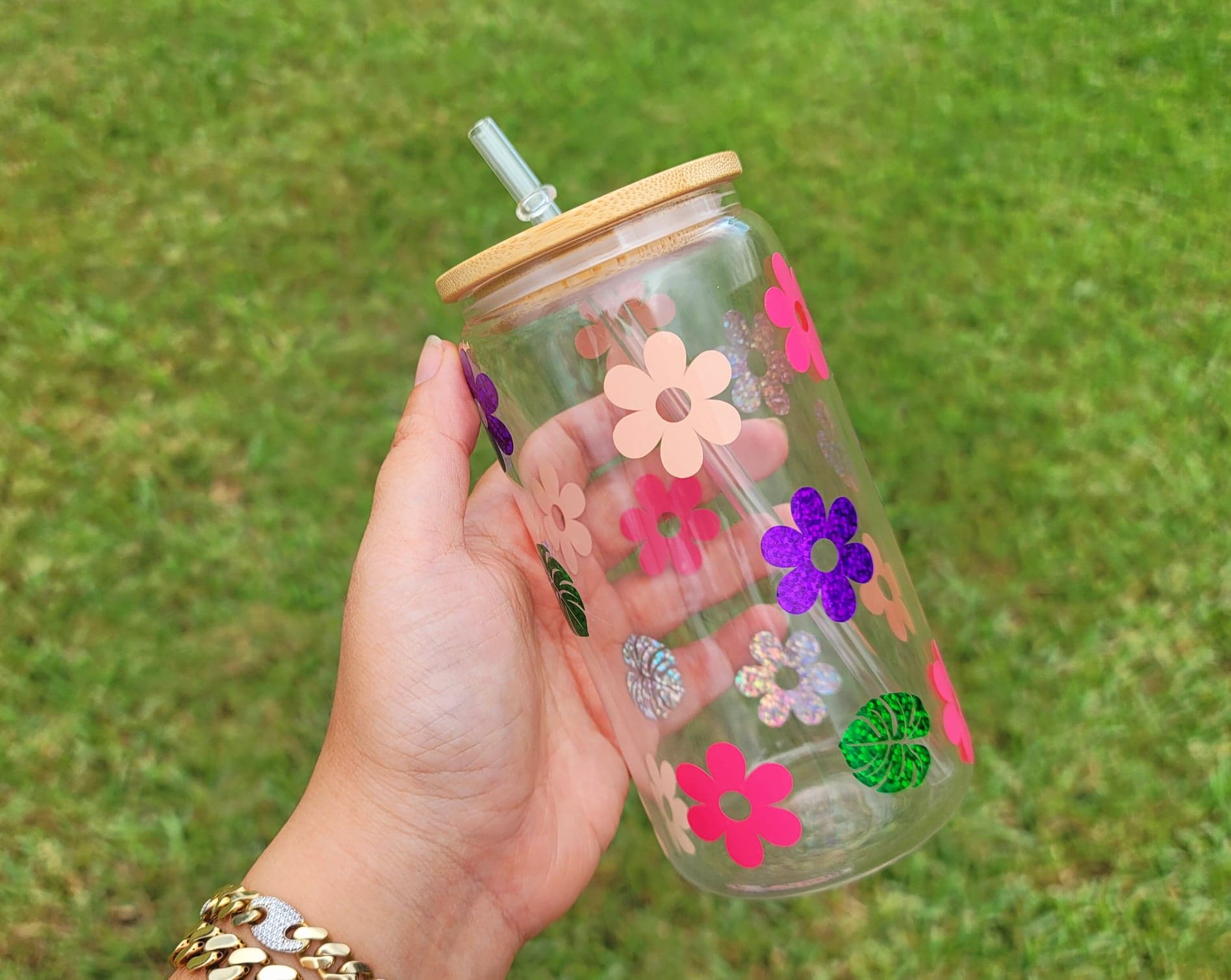 Daisy Cup Iced Coffee Cup Glass - Retro Flower Glass Jar - Daisy Coffee Glass Cup 16 oz
